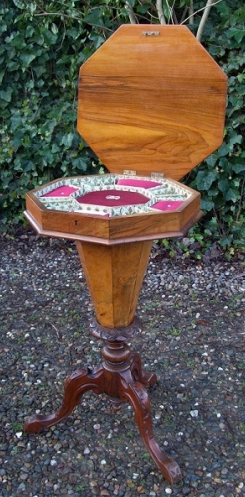 A Victorian Walnut Trumpet Sewing Box Table